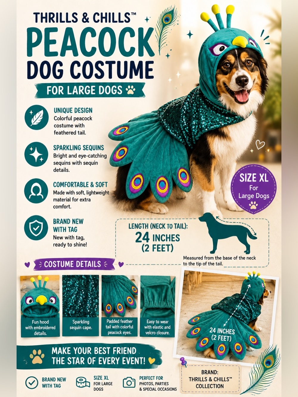 Thrills & Chills Peacock Dog Costume XL Sequins Hood Halloween Pet Outfit